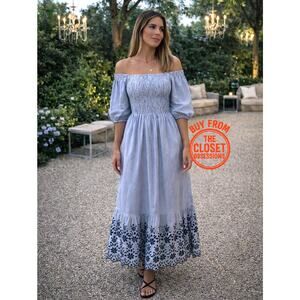 ZARA Balloon Sleeve Smocked Maxi Dress Blue White Eyelet Hem NWT